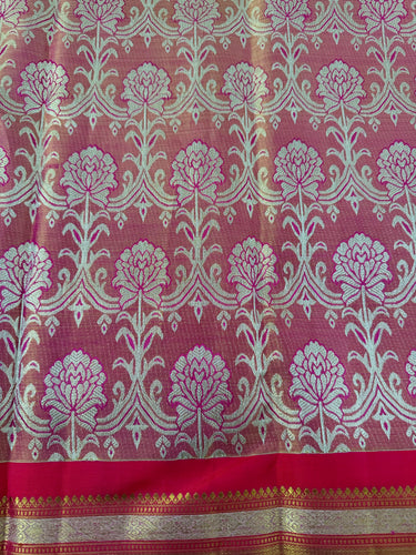 Exclusive Kanchivaram Tissue Silk Pure Zari Silk Saree | Metallic Pink & Gold | Brocade Pattern | Handwoven | Ships from California